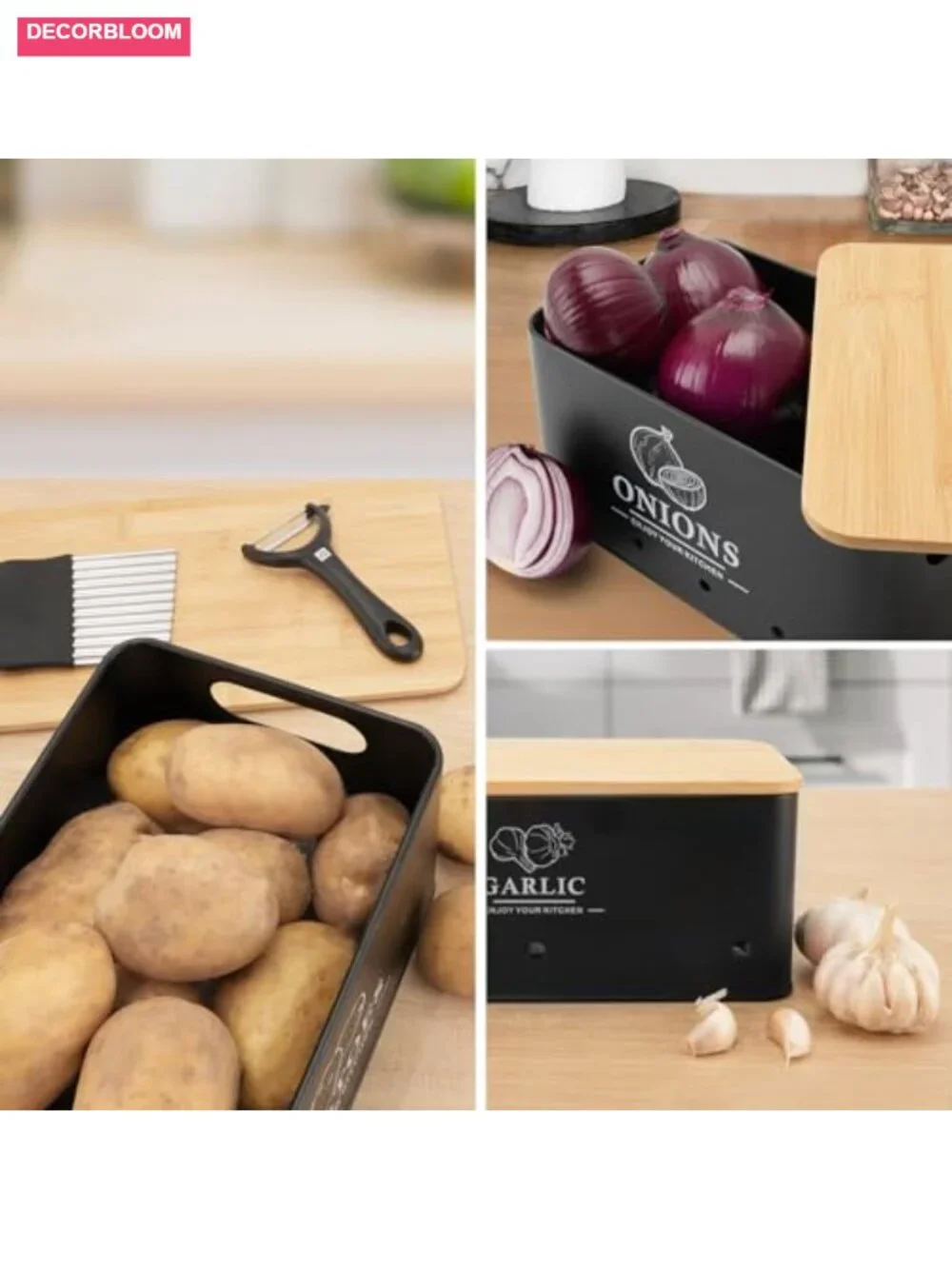 Metal Vegetable Storage Set of 3 Kitchen Canisters with Bamboo Lids, Aerating